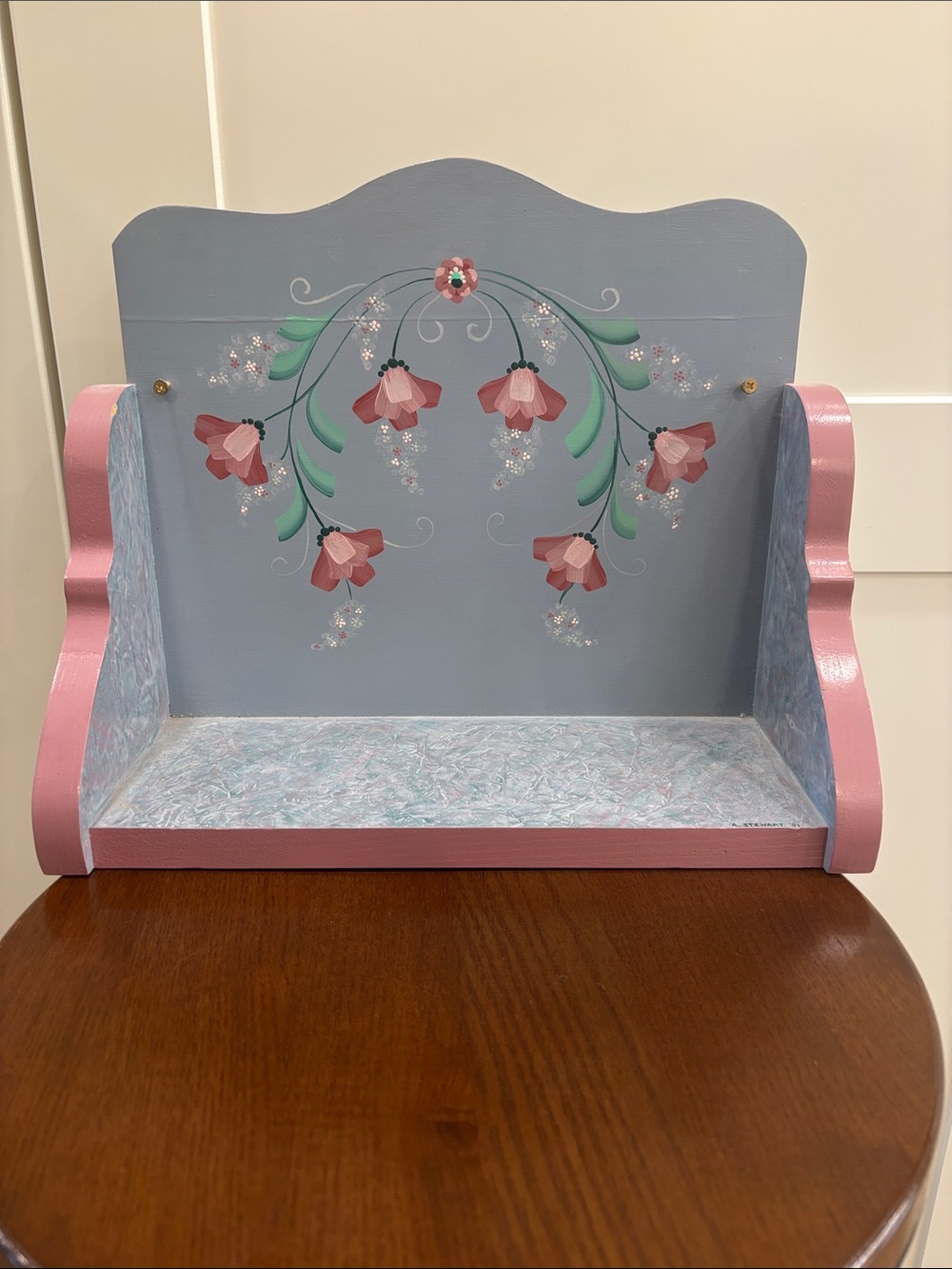 Hand-Painted Floral Wooden Shelf - Pink & Light Blue